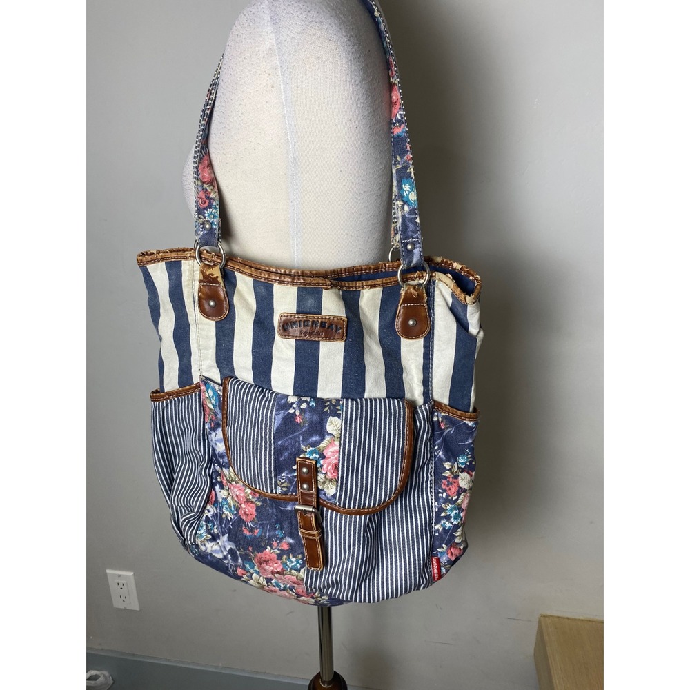 Unionbay Vintage 90s Y2K Floral Stripe Canvas Tote Bag Blue White Mixed Media